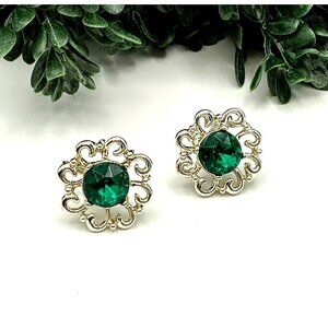 Vintage Style Gold-Tone Screw-Back Earrings With Green Gemstone Accents